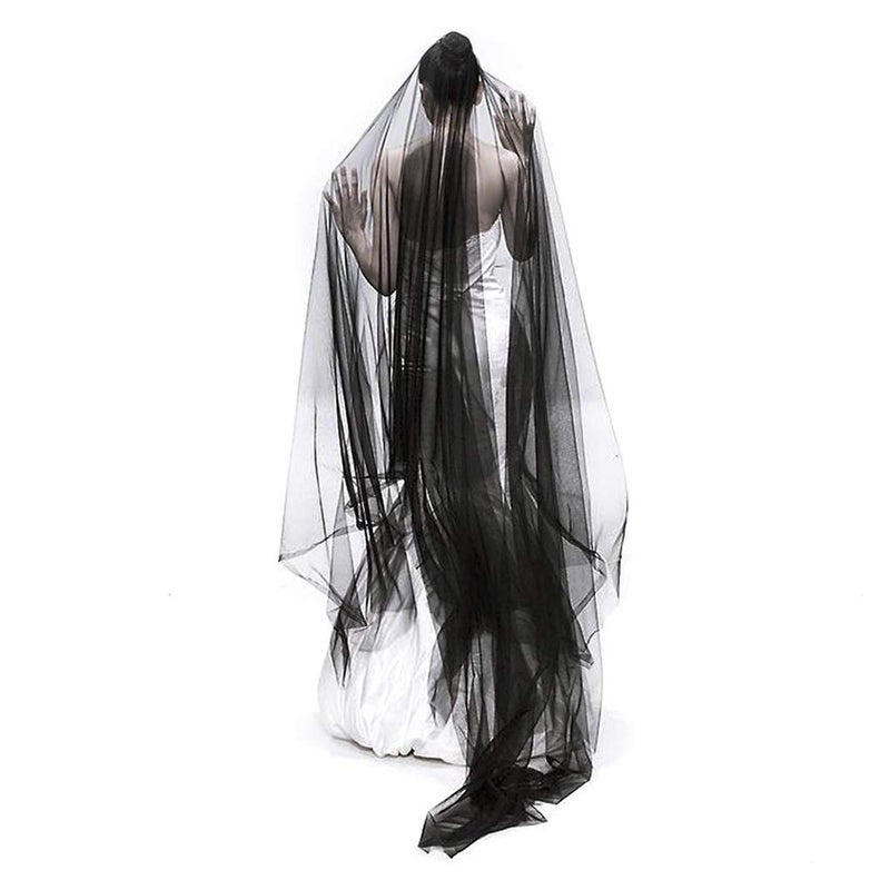 FakeFace 15 ft Long Black Veil Halloween Costume Witch Cosplay Party Veil Soft Tulle Lace Bridal Veils Cathedral Wedding Veil Headband Dress Up Props (Black, 15 ft long) - Image 2